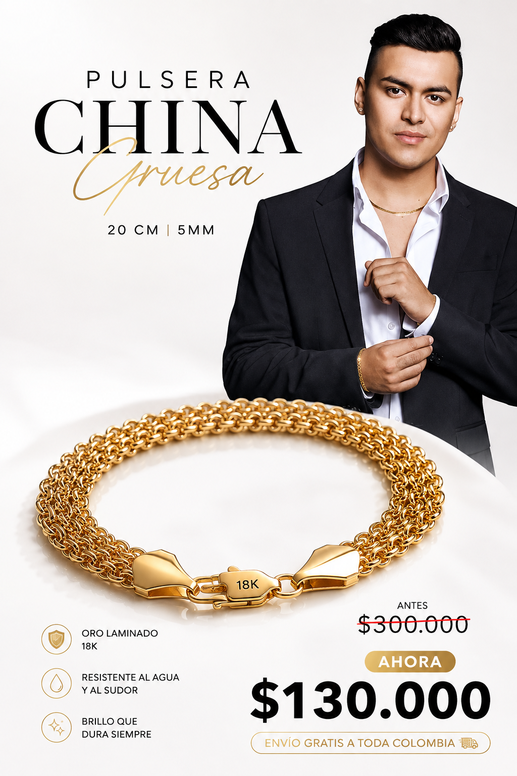 Pulsera China Gruesa 20 Cm 5mm - ORO LAMINADO 18K