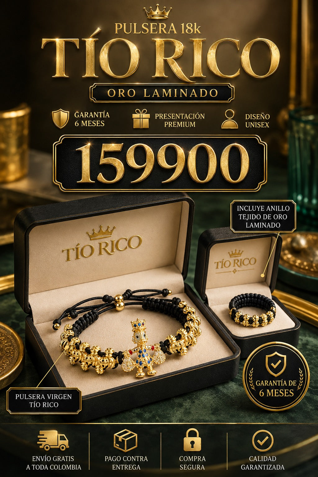 Pulsera Tío Rico ✨ Oro Laminado + Anillo de Regalo