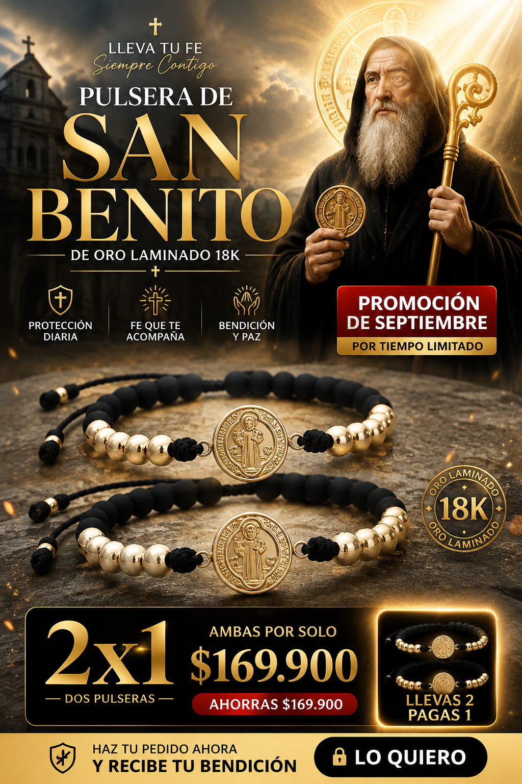 2X1  Pulsera San Benito Diamantado 6mm